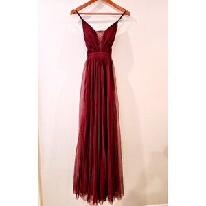 Burgundy Tulle Maxi Dress Formal Gown Lace Bodice Bridesmaid Prom Size 9